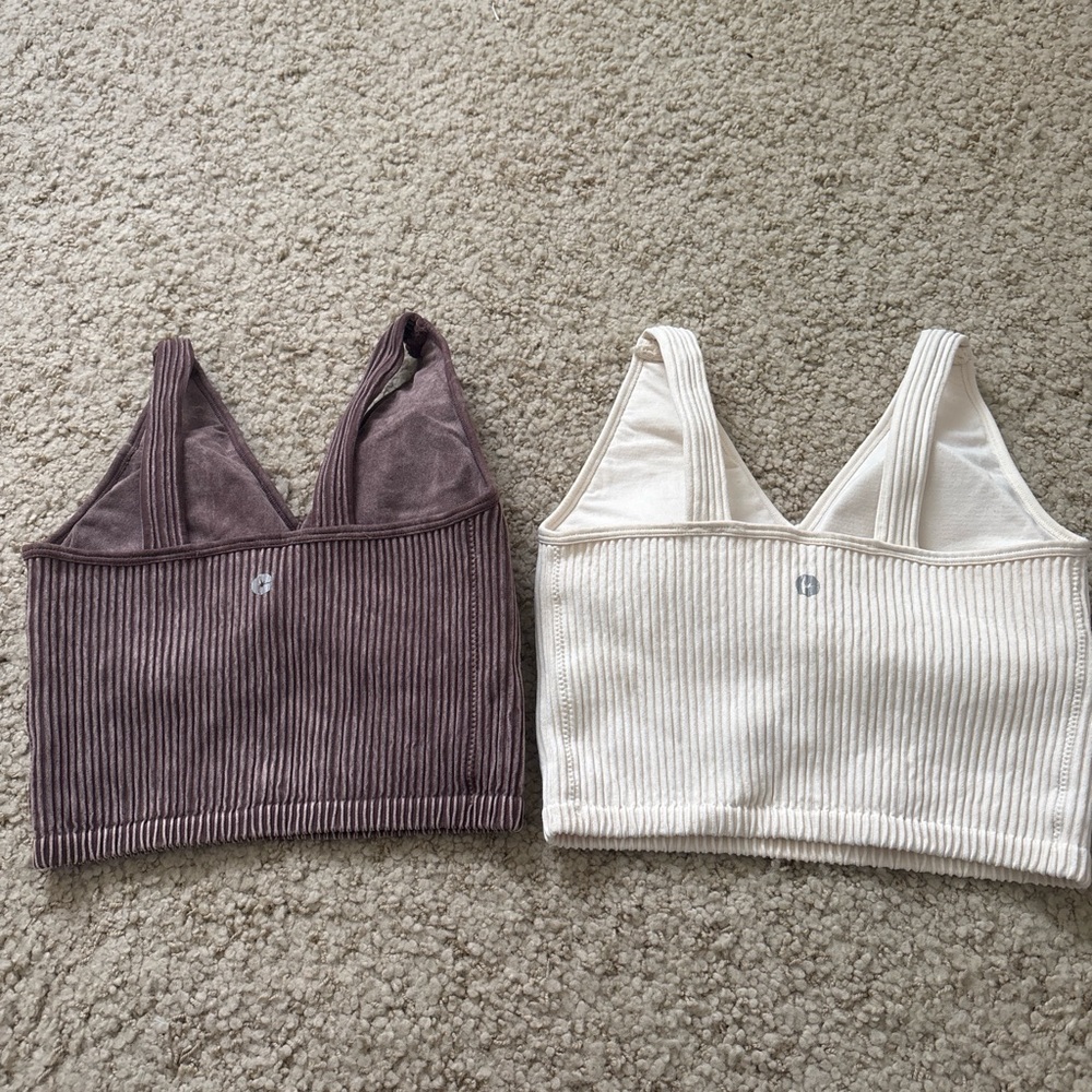 90 Degree By Reflex Ribbed V-Neck Crop Tops - White and Purple - Picture 3 of 4